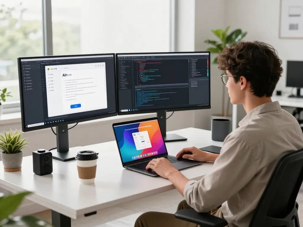 Developer using crush ai in a bright modern office workspace with multiple screens.