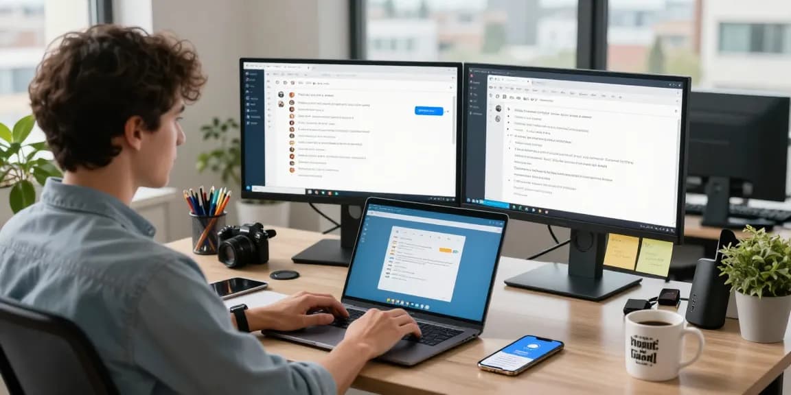 Using the Telegram Web Version in a modern home office setup with technology and productivity elements