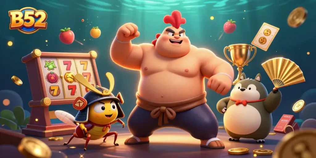 B52 slots scene featuring lively characters and dynamic gaming elements, perfect for casino excitement.