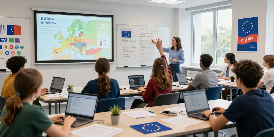 Students participating in a fun European Union Quiz activity in a vibrant classroom, showcasing engagement and learning.