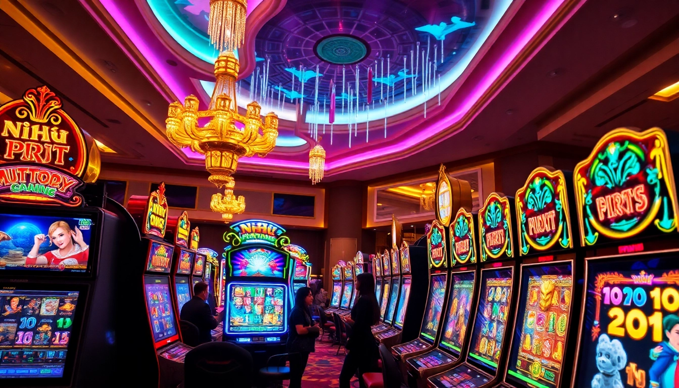 Nổ Hũ gaming environment showcasing vibrant slot machines in a luxurious casino.