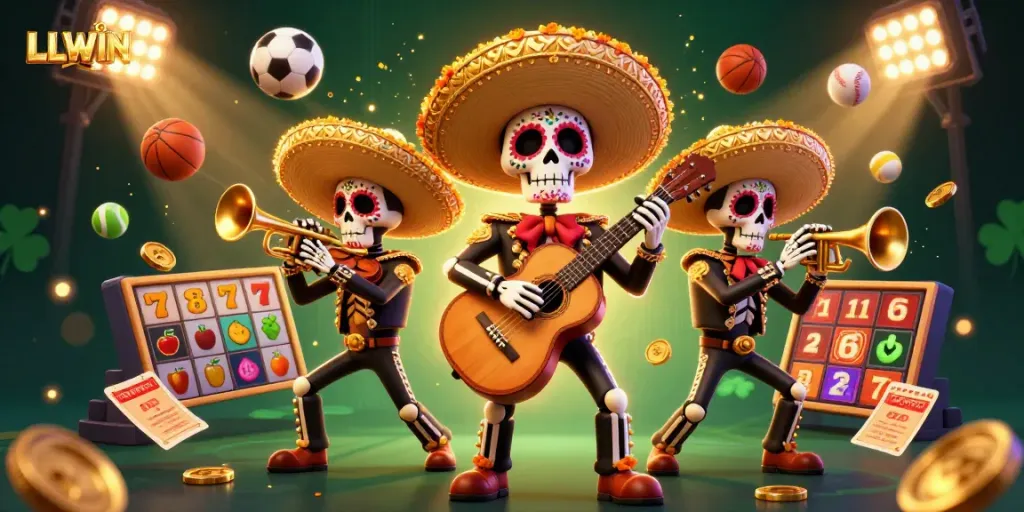 Experience the LLWIN excitement in a vibrant 3D illustration featuring a mariachi band amidst lively casino elements.