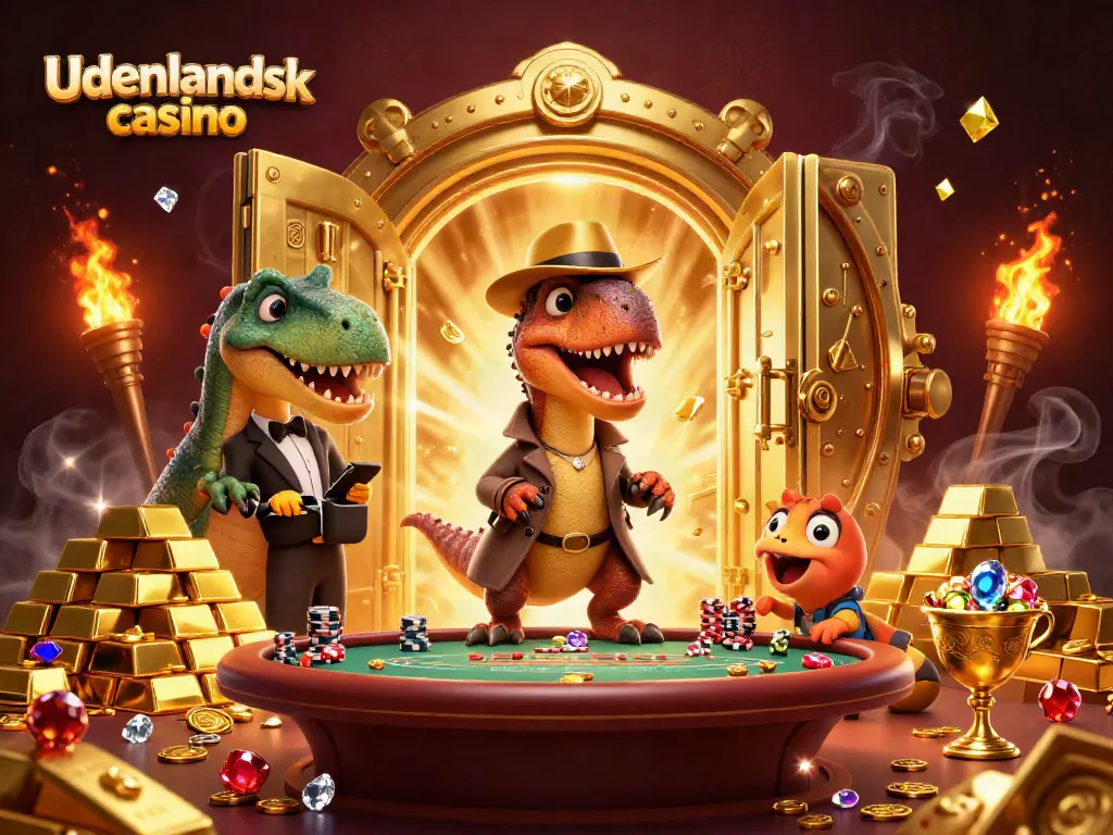 Interact with an entertaining scene featuring a velociraptor at an udenlandsk casino blackjack table.