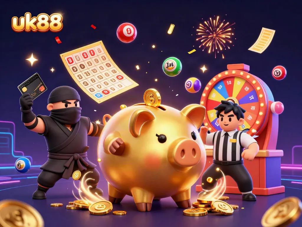 Bet on excitement with uk88, as a golden piggy bank sumo wrestler celebrates with coins and joyful characters.