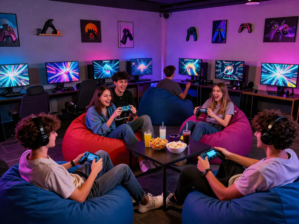 Exciting gaming lounge scene showcasing friends enjoying a porn game session together, capturing vibrant atmosphere and diverse entertainment.