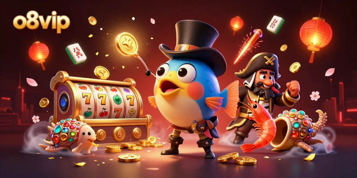 Experience the excitement of online gaming with o8vip's vibrant casino scene featuring animated characters and spinning slots.