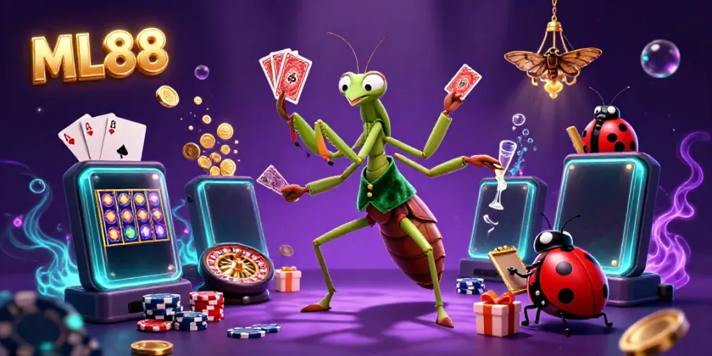 Engage with ML88 as the giant mantis card sharp deals cards amidst vibrant casino excitement.