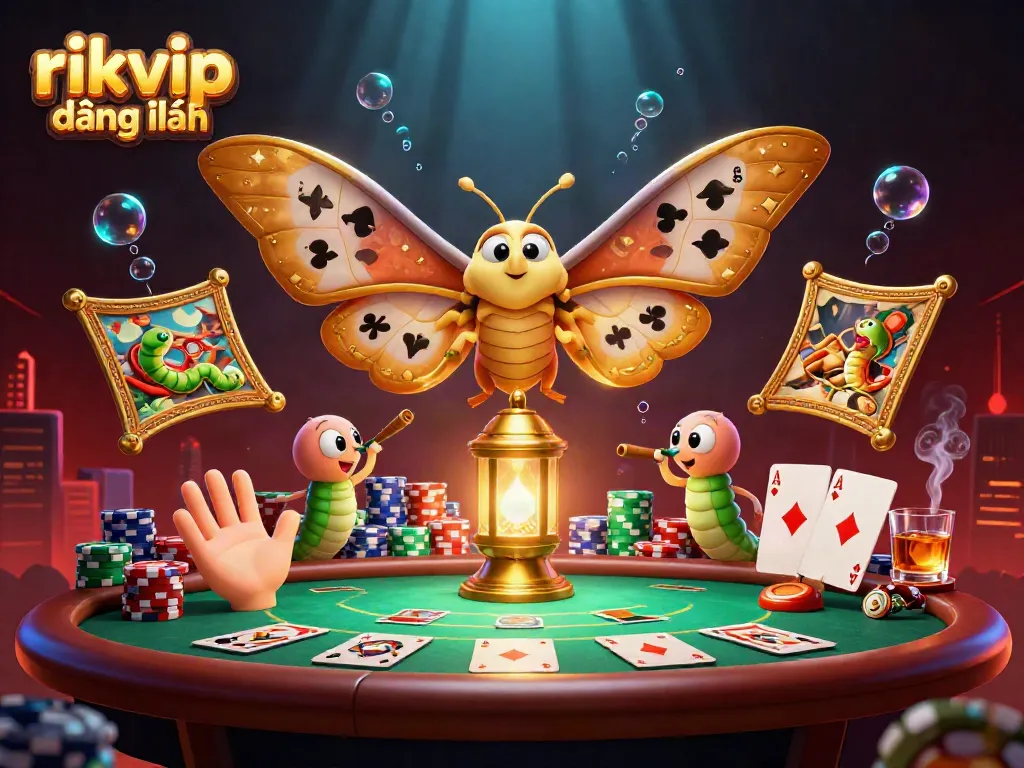 Engage in thrilling gameplay with the vibrant rikvip đăng nhập scene, featuring a majestic moth and poker setup.