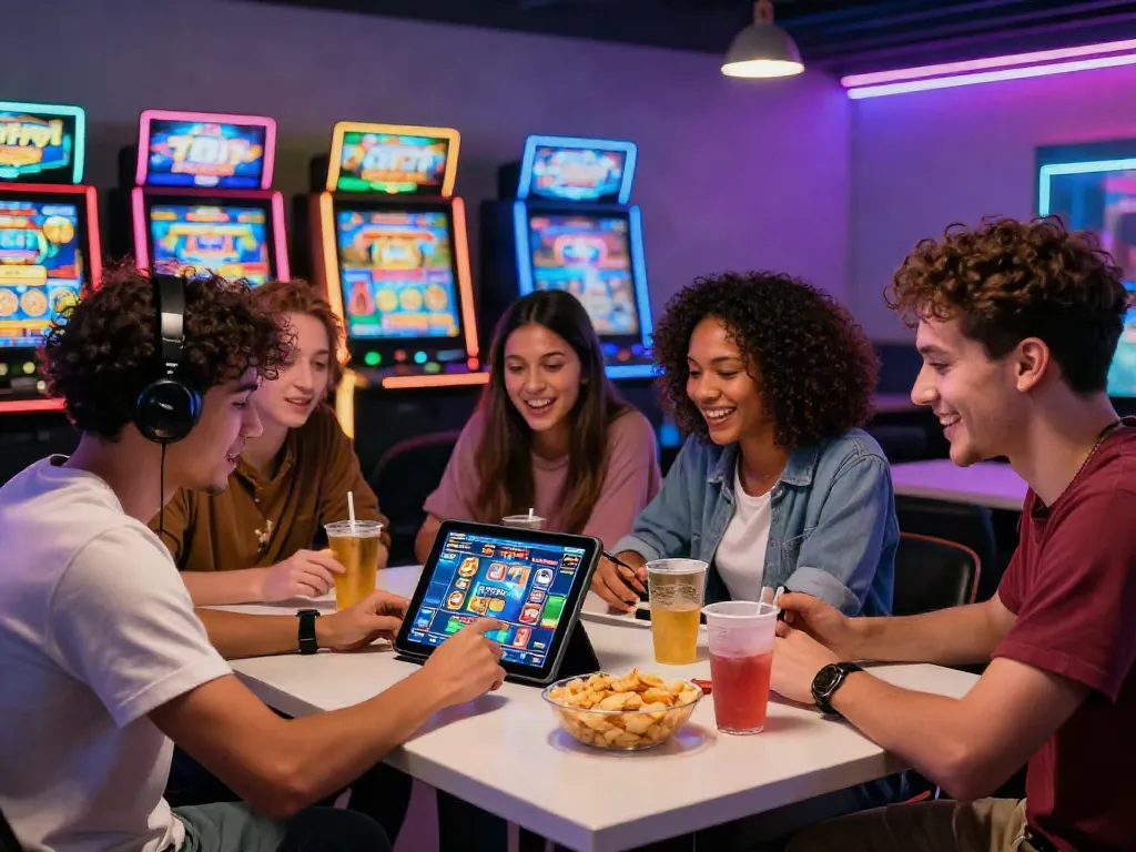Friends enjoying slot777 gaming experience in vibrant lounge atmosphere.