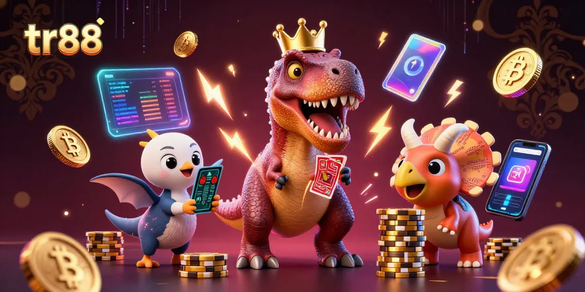 Experience the thrilling gaming atmosphere at TR88 with vibrant T-Rex, cards, and golden chips.