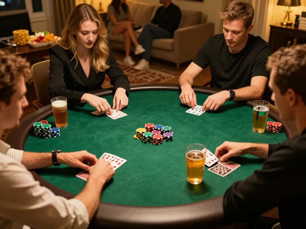 Players engage in a strategic poker game at home showcasing tactics to maximize winnings with XX88.