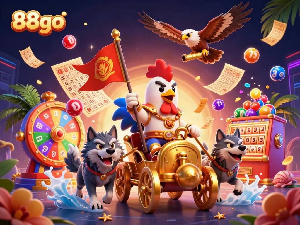 Experience dynamic gaming action with 88go, featuring exciting visuals of a rooster warlord and game elements.