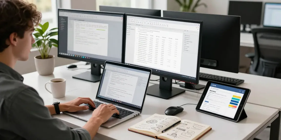 Focused professional at a modern workspace representing WPS Official Website productivity solutions with laptop and dual monitors.