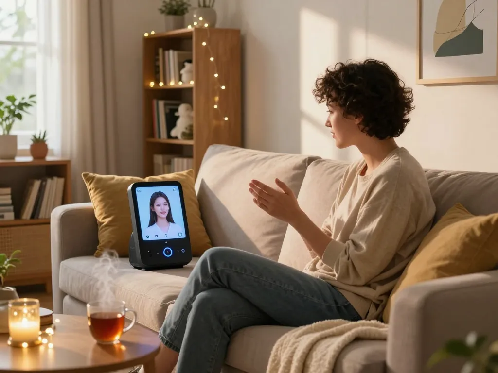 A cozy living room where a user interacts with their girlfriend AI on a smart device, highlighting companionship and technology in a warm home setting.
