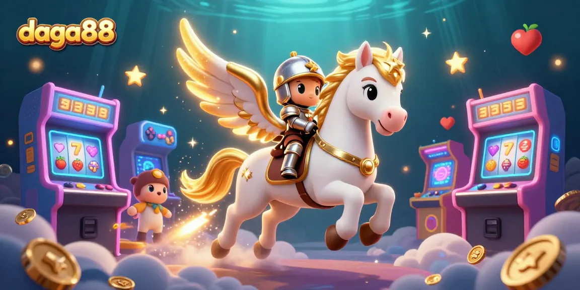 Experience the thrill of daga88, a vibrant animated scene featuring a celestial horse and knight amidst captivating casino-themed elements.