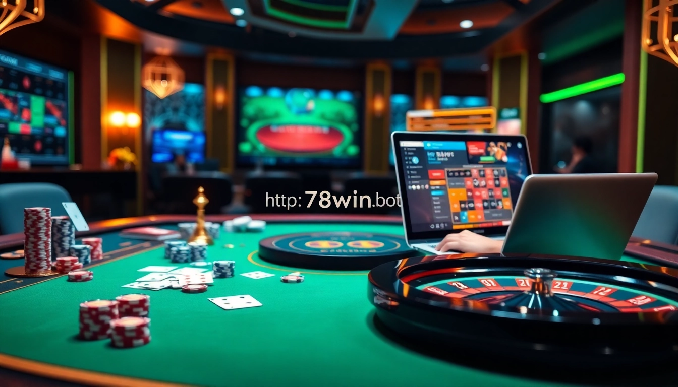 Engaging betting action at https://78win.bot/ with casino elements like poker chips and cards.