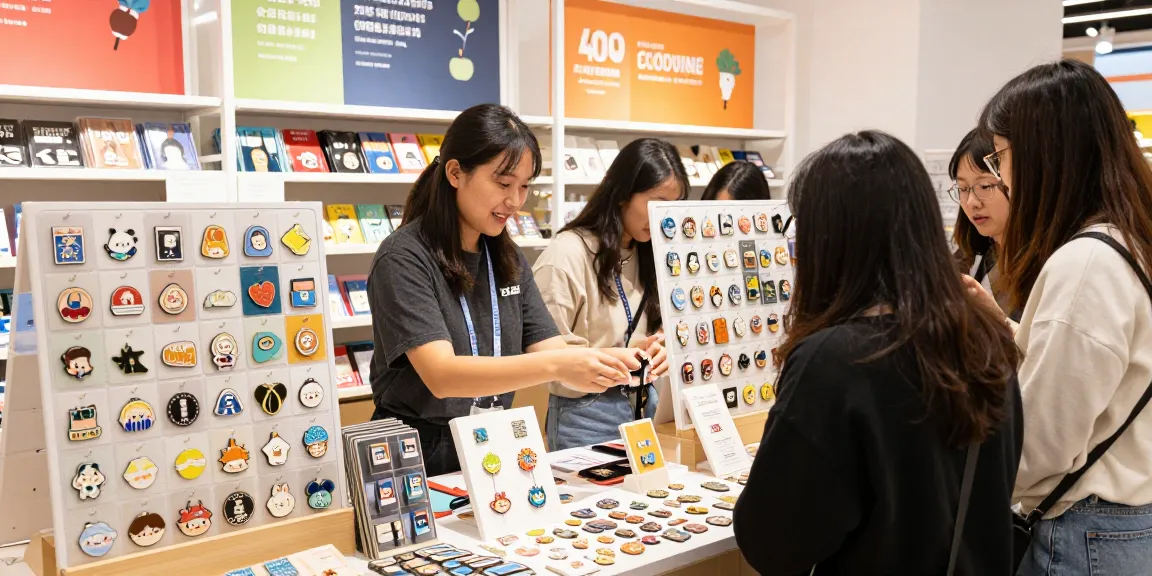 Shop for custom enamel pins with friendly staff in a vibrant retail space.