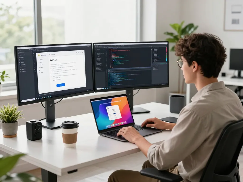Developer using crush ai in a bright modern office workspace with multiple screens.