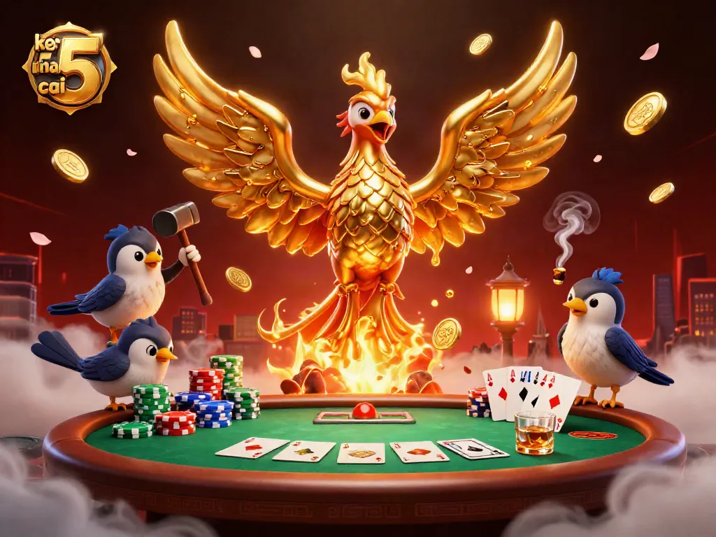 Experience thrilling action with keo nha cai 5 as a molten phoenix pours gold coins amid a dynamic poker scene.
