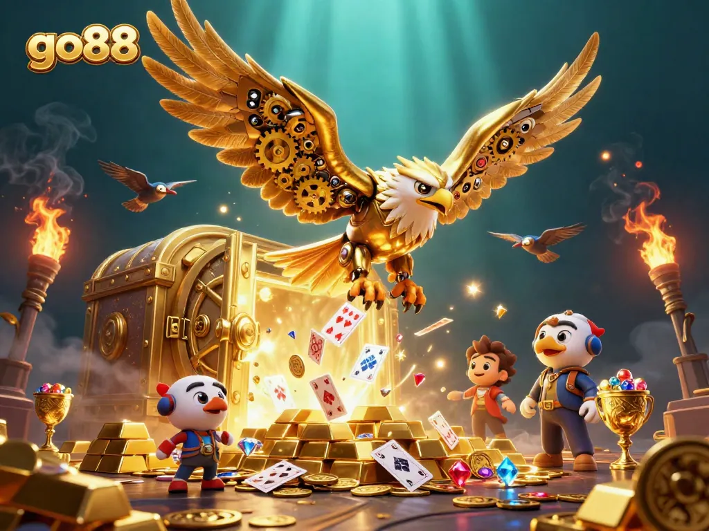 Experience exhilarating action with go88 as the golden eagle dives through holographic cards in a vibrant casino world.