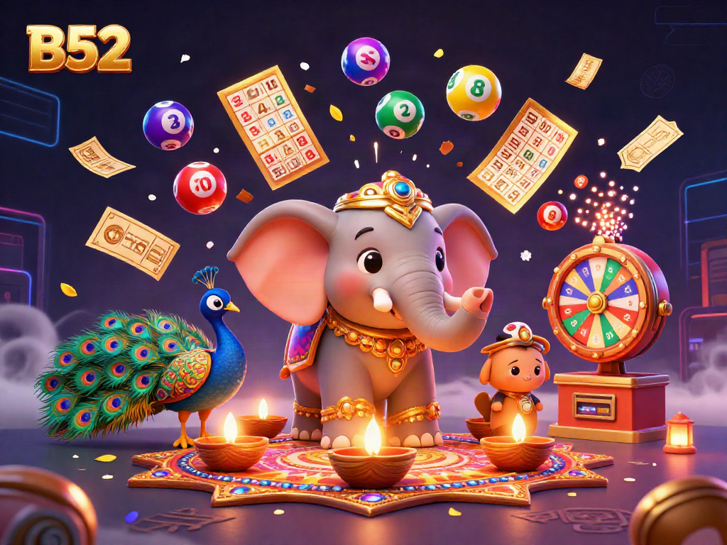 Play the B52 game with vibrant illustrations of a Diwali-themed elephant and exciting lottery elements.