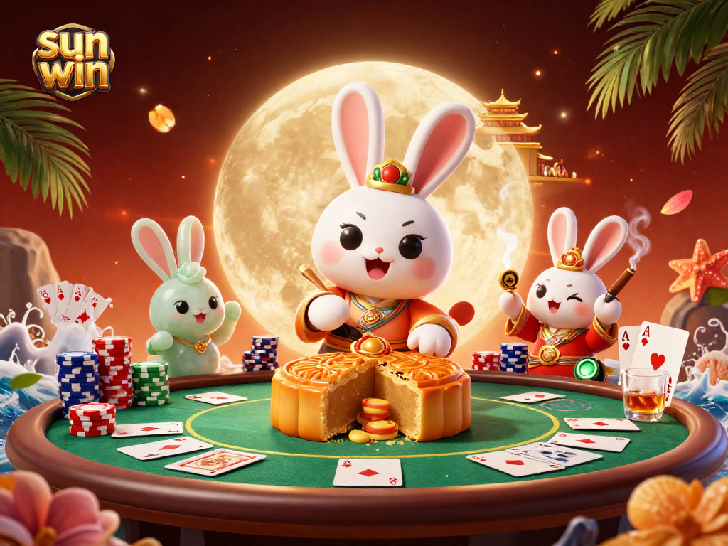 Experience sun win excitement with a lively casino scene featuring moon rabbits, poker chips, and vibrant characters.
