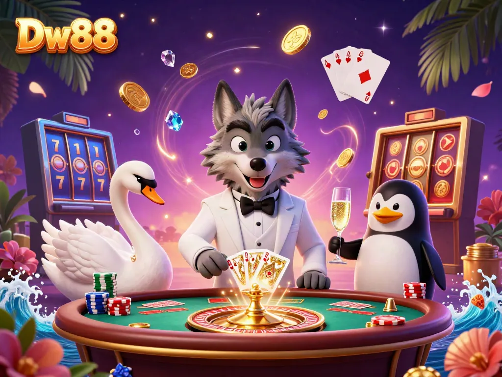 Experience the thrill of winning at Dw88 with a dynamic 3D casino scene featuring exciting game elements.