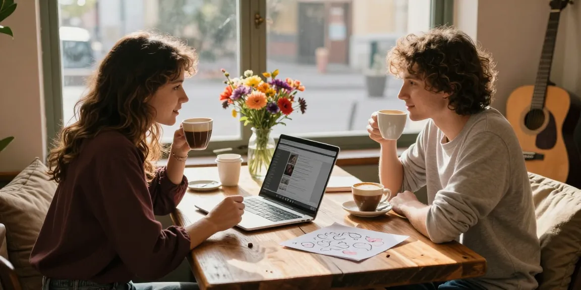 A cozy café scene where a couple has a crush on each other, sharing coffee, notes, and laughter.