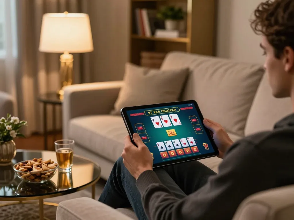 Engaging in online blackjack at home with sin88 on the tablet and a cozy atmosphere.