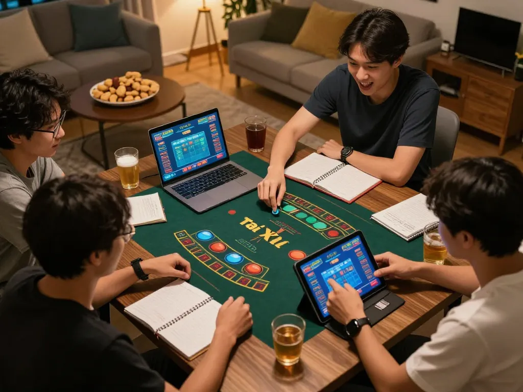 Taixiuvn engaging players strategizing on Tài Xỉu at home, showing lively atmosphere and gameplay.