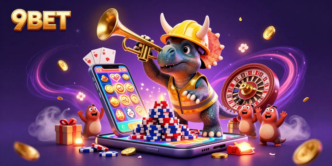Experience thrilling gaming with 9BET as our characters celebrate a vibrant casino atmosphere.