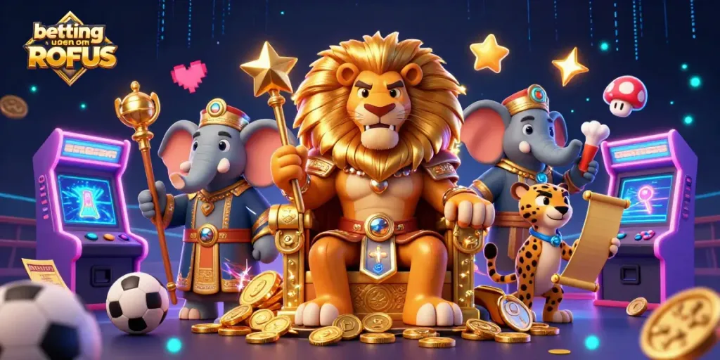 Engage in betting uden om ROFUS with vibrant sports themes, showcasing confident characters and dynamic casino elements.
