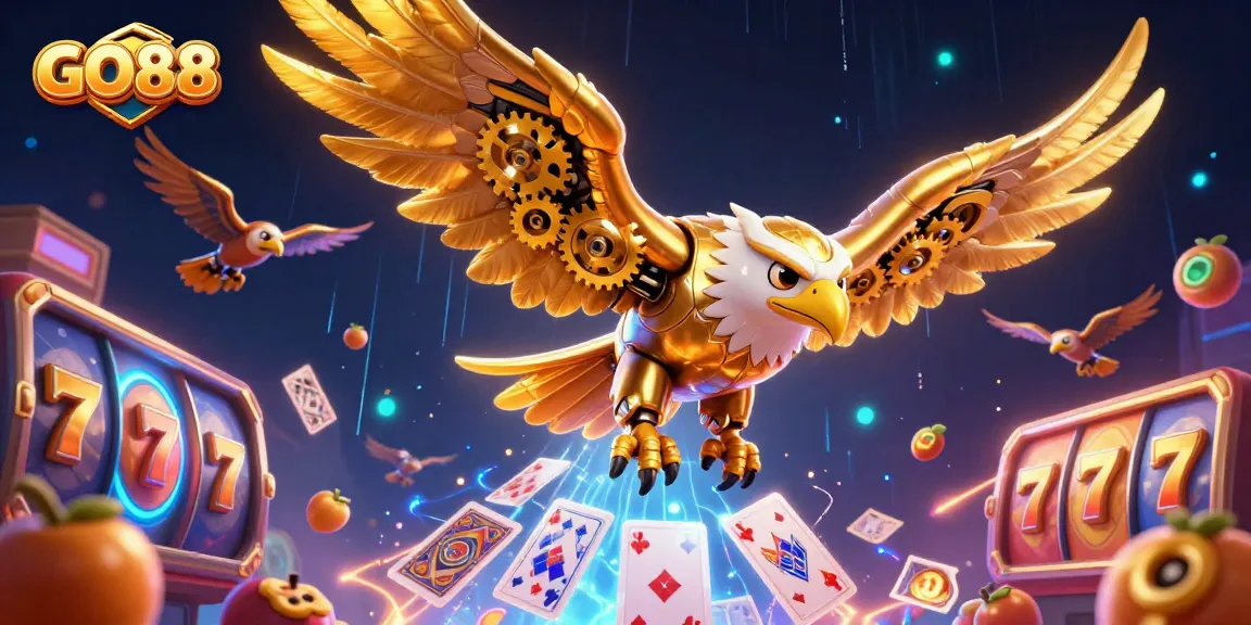 Experience the thrill of GO88 casino with a dynamic illustration of a golden eagle amidst vibrant slot elements.