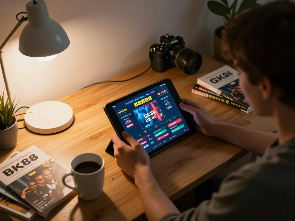 Engaged user exploring gk88 gaming options online with tablet amidst cozy gaming setup