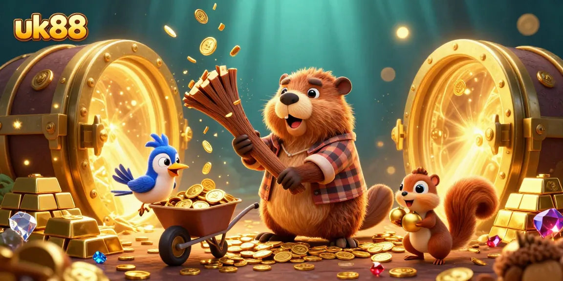 Collect coins with uk88 in a vibrant casino-themed 3D scene featuring gaming elements and characters.