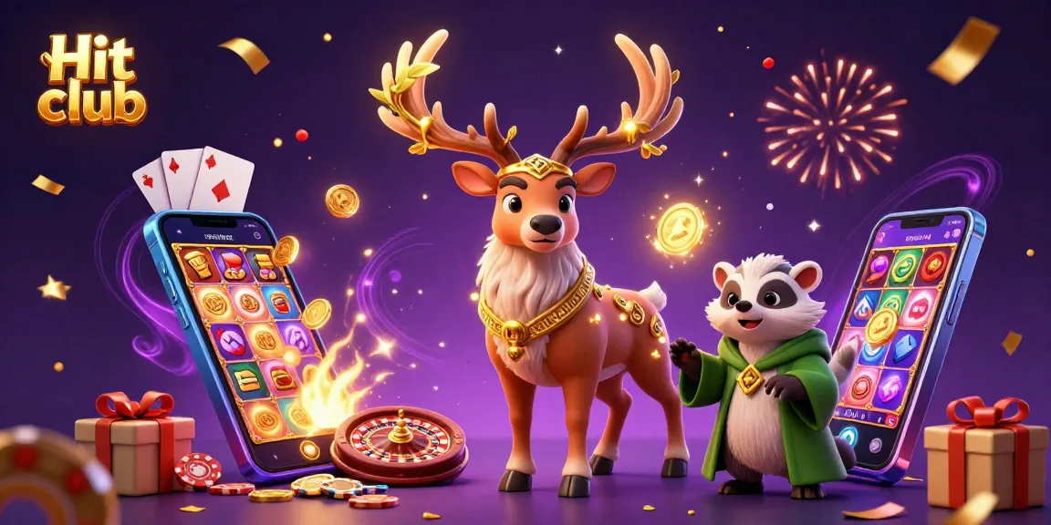 Engage in vibrant gaming at Hit club with a druid stag, wise badger, and slot games illuminating the scene.