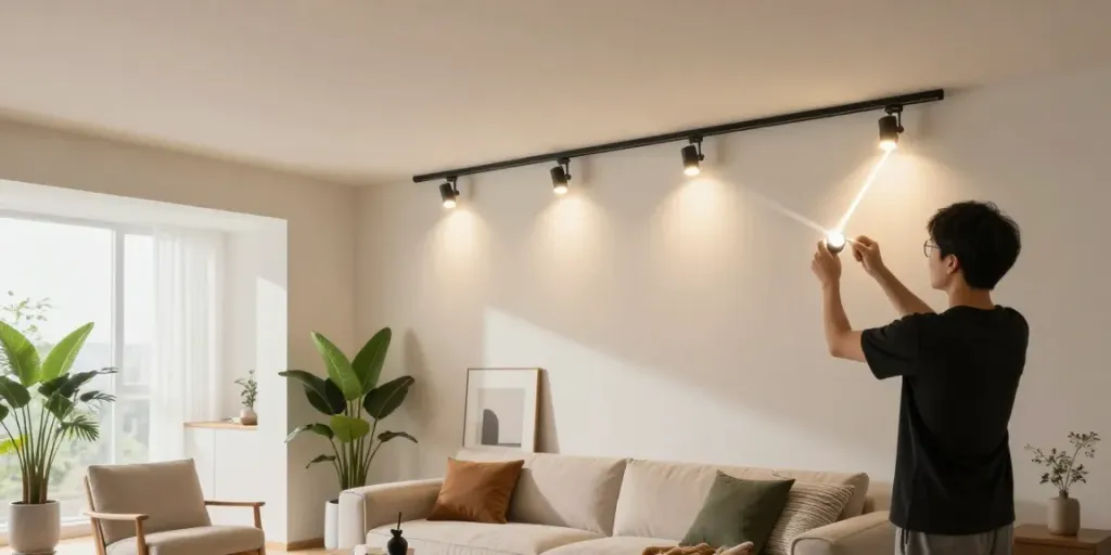 Iluminat modern în interior cu sina magnetică și spoturi LED ajustabile