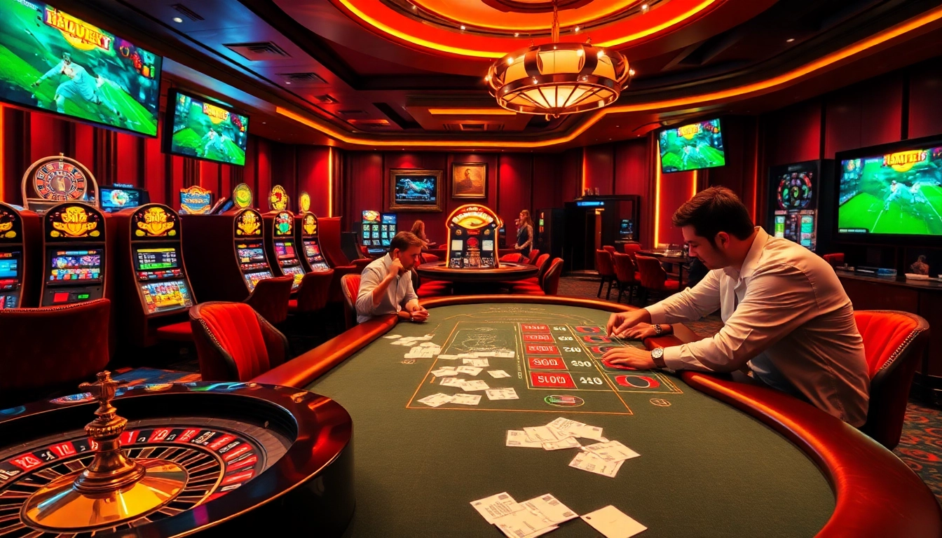 Engaged players on a poker table while watching trực tiếp bóng đá, showcasing a lively casino atmosphere.