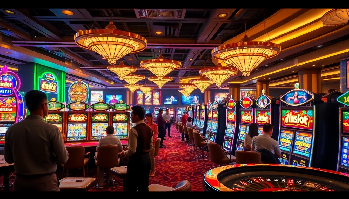 Experience thrilling gameplay at idnslot's vibrant casino scene with excited players and stunning slot machines.
