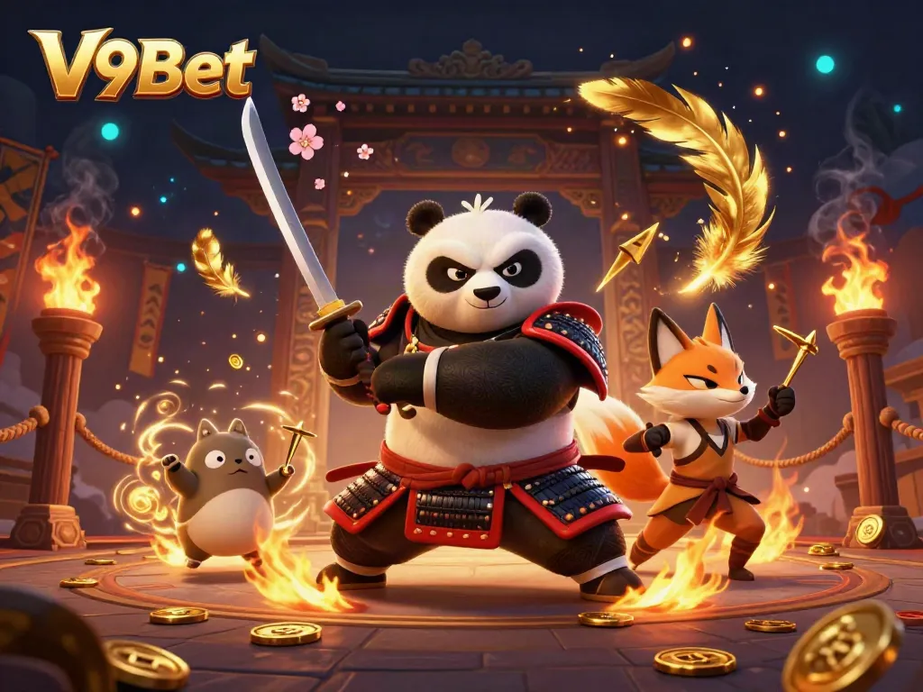Experience thrilling gameplay with V9Bet, featuring a samurai panda and ninja fox amidst a dynamic casino scene.