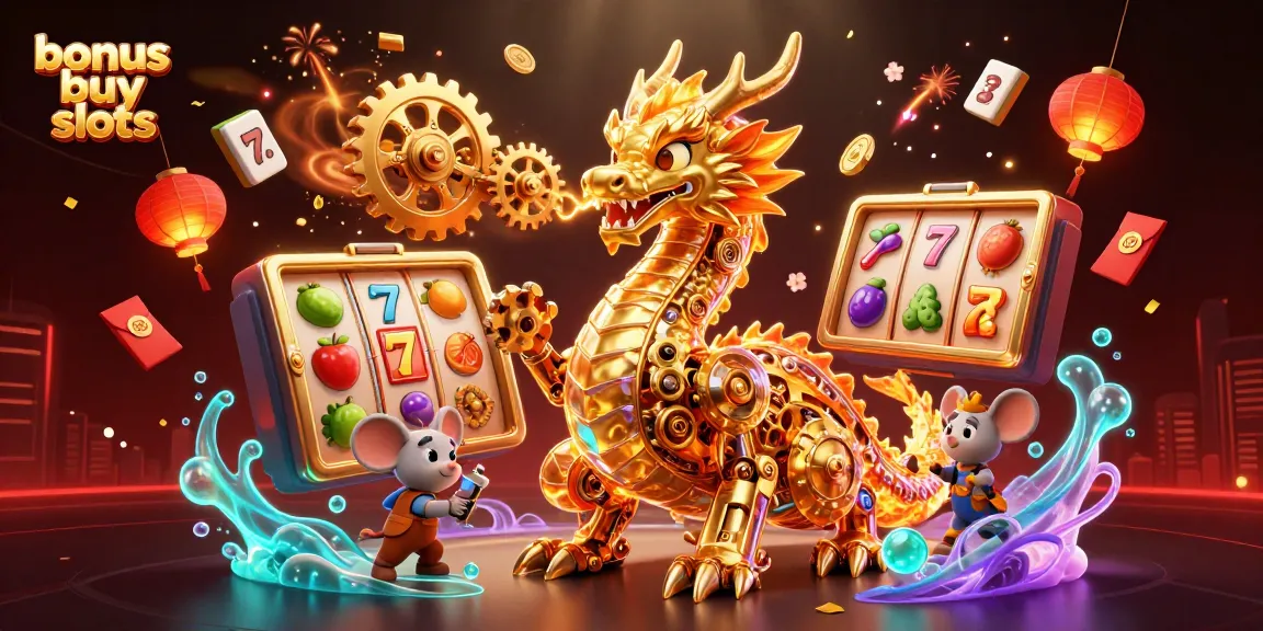 Engage in the excitement of bonus buy slots with dynamic 3D illustration featuring vibrant game elements and a golden dragon.