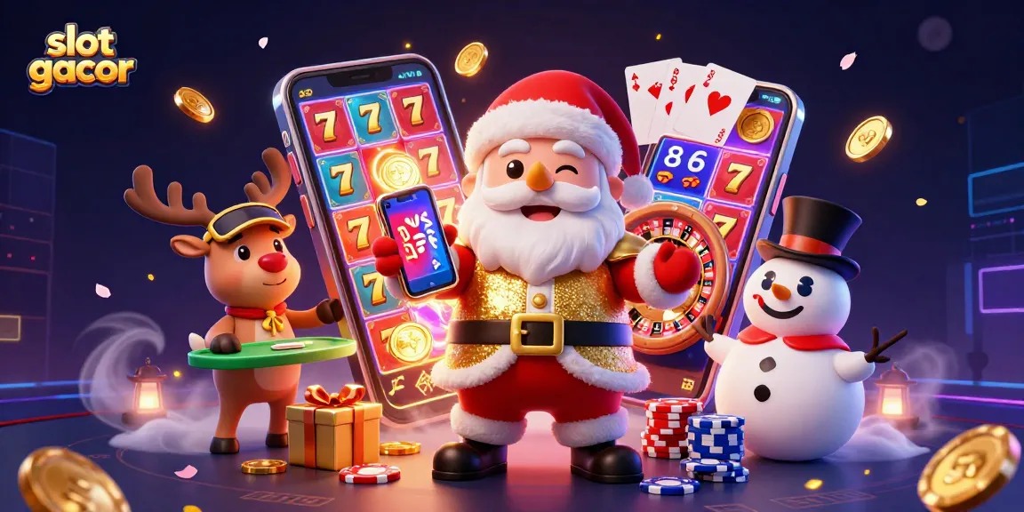 Spin the slots for big wins at slot gacor with a festive casino scene featuring Santa and friends.