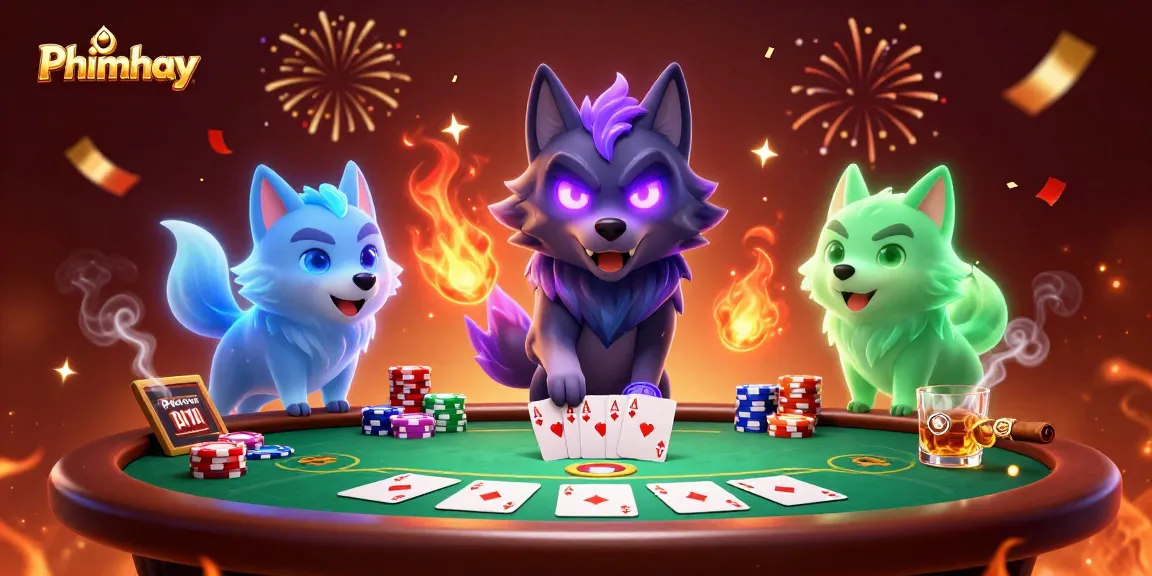 Engage with the thrilling Phimhay poker scene featuring ghostly wolves and vibrant gaming elements.