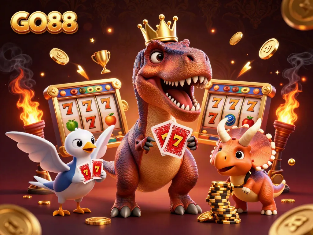 Engaging GO88 illustration featuring a T-Rex and friends playing slot machines amid vibrant casino elements.