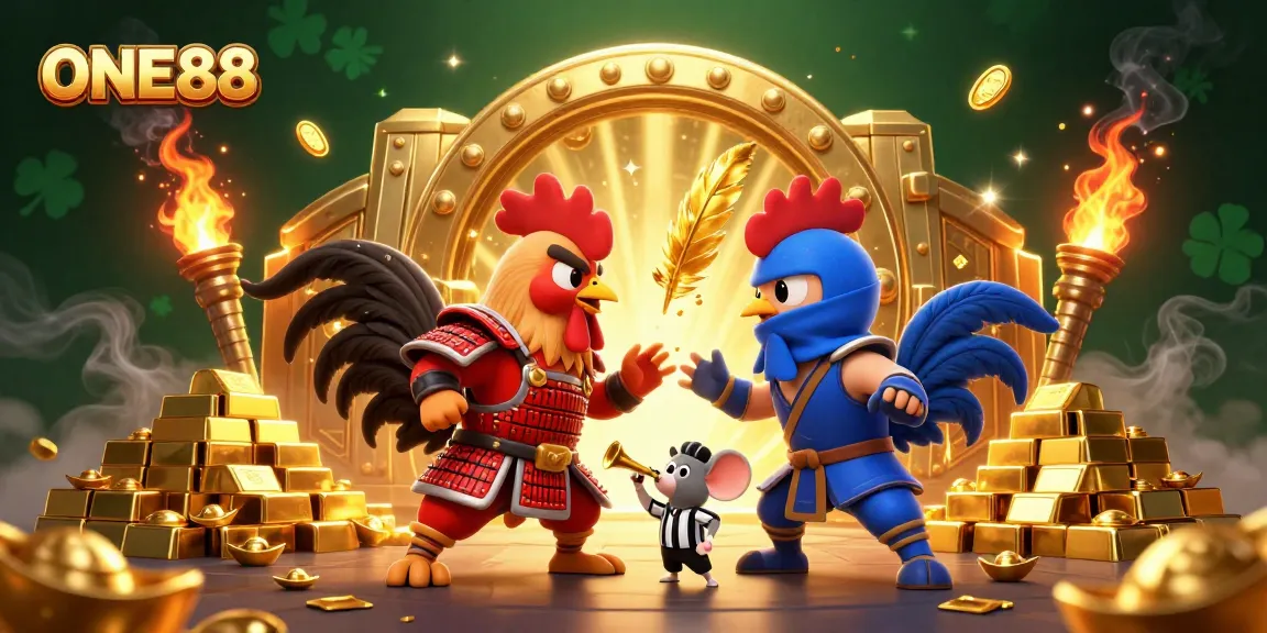 ONE88 showcases a thrilling clash of two roosters in a dramatic showdown amid a vivid gold and gem environment.