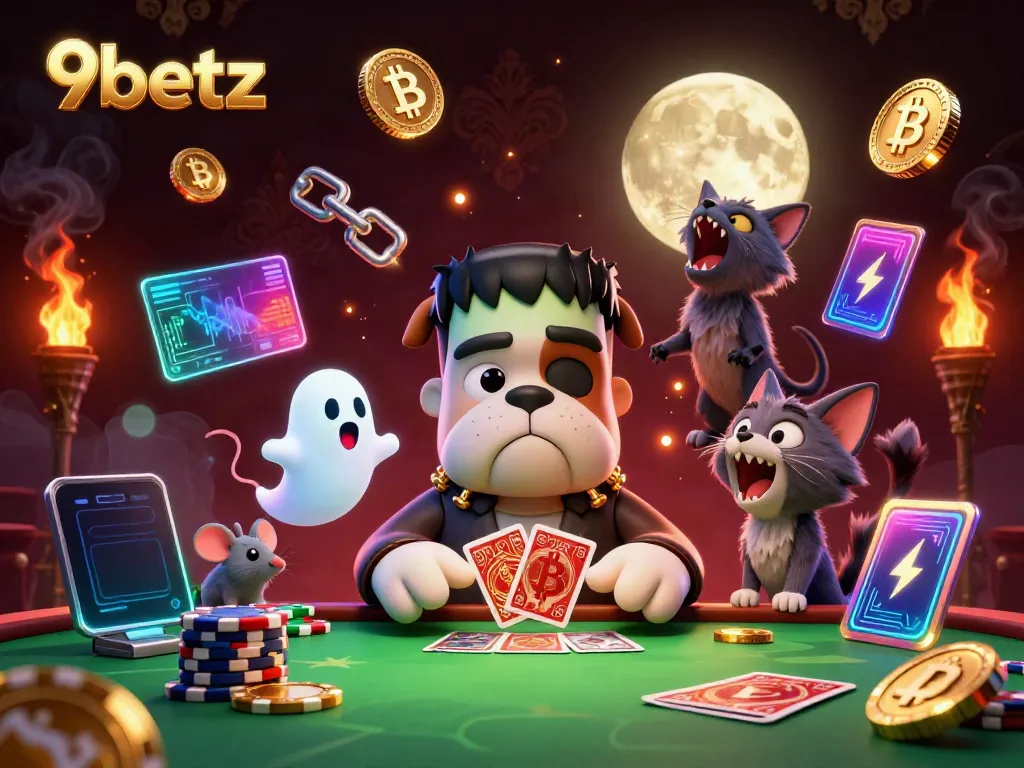 Join the fun at 9betz with a Frankenstein bulldog dealing cards in a vibrant casino scene.