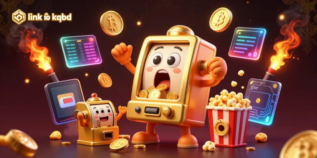 Engage with link vào kqbd through an exciting 3D illustration of a golden slot machine celebrating a jackpot.