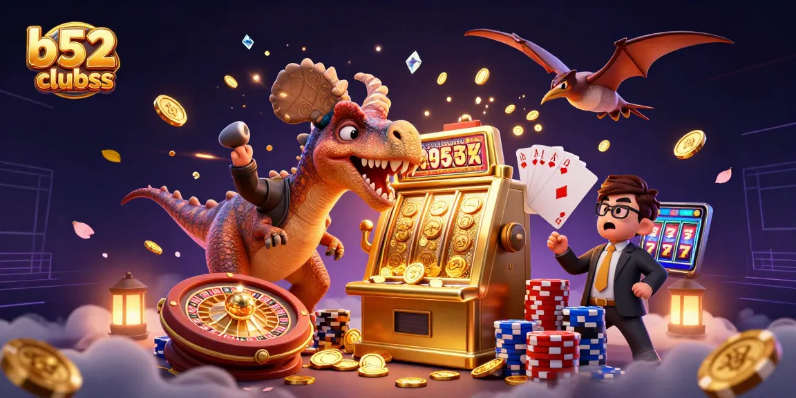 Exciting scene showcasing b52clubss featuring a dinosaur winning at a golden slot machine amidst flying coins.