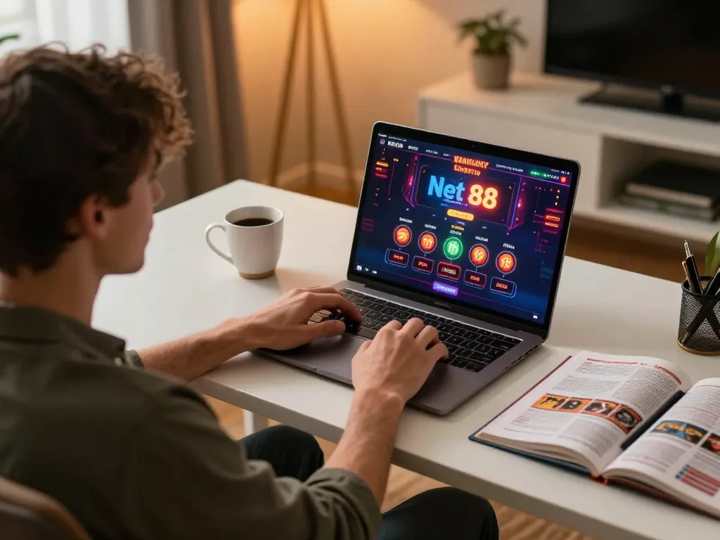 Person engaging with Net 88 online casino on a stylish laptop in a cozy home setup.