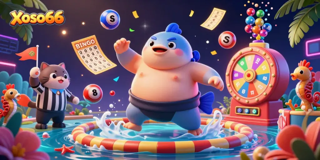 Engage with xoso66's exciting underwater lottery scene featuring a unique blowfish character.